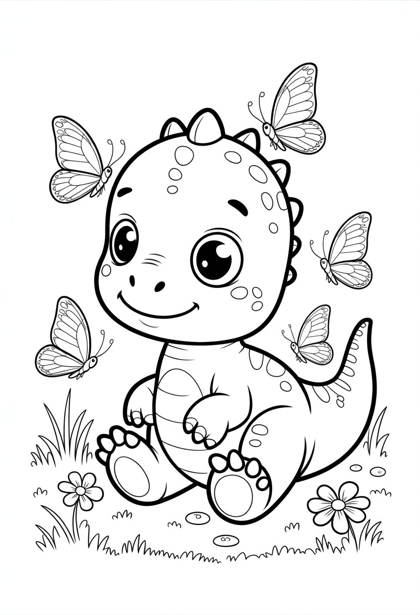 Cute Dinosaur Coloring Pages for Kids: 20 Fun and Easy Designs 41 A baby dinosaur sitting with butterflies flying around it in a natural outdoor scene.